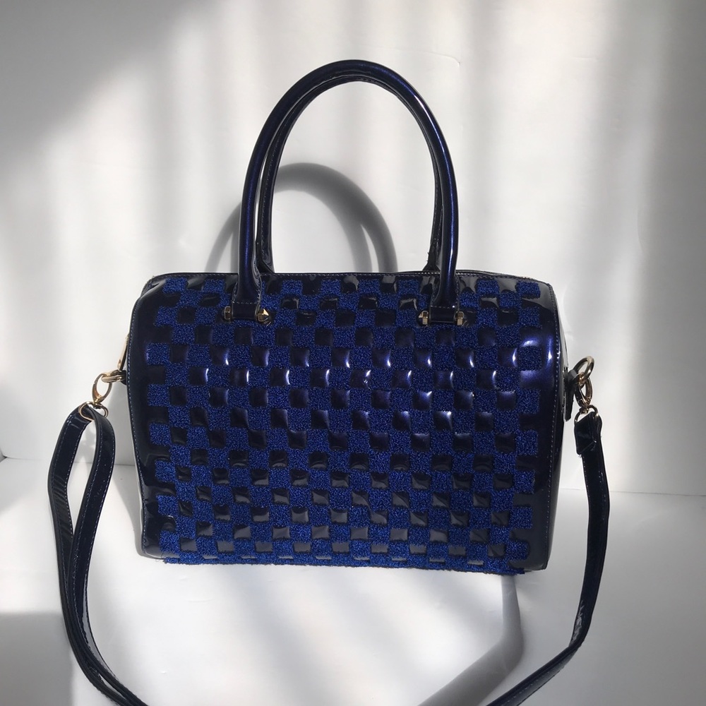 Coral blue faux patent leather handbag